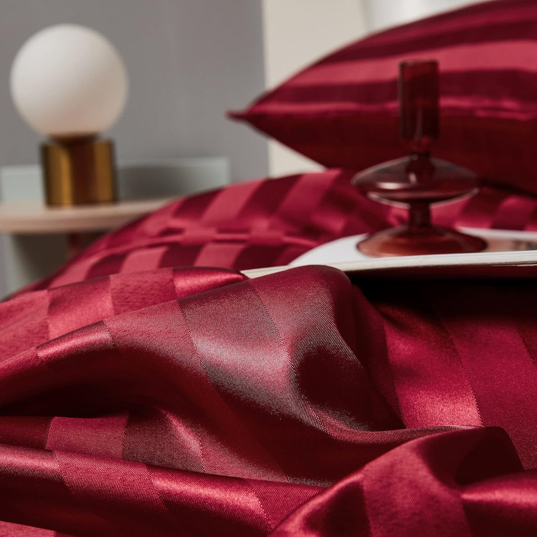 Damier Bettwäsche 155x220cm Rot Satin Glanz gestreift Bettwäsche Set Seidig glänzend Luxus Deckenbez