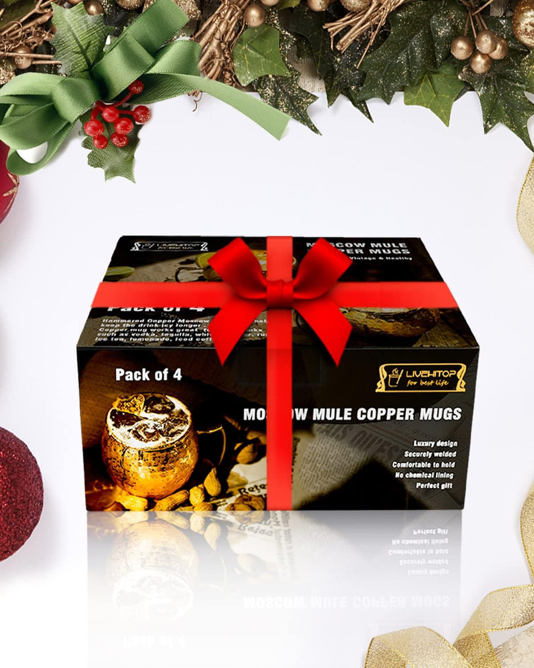 LIVEHITOP 4 Stück Moscow Mule Kupfer Becher Set, 19.5 Oz Handgemacht Cocktail Tasse for Kaltes Geträ