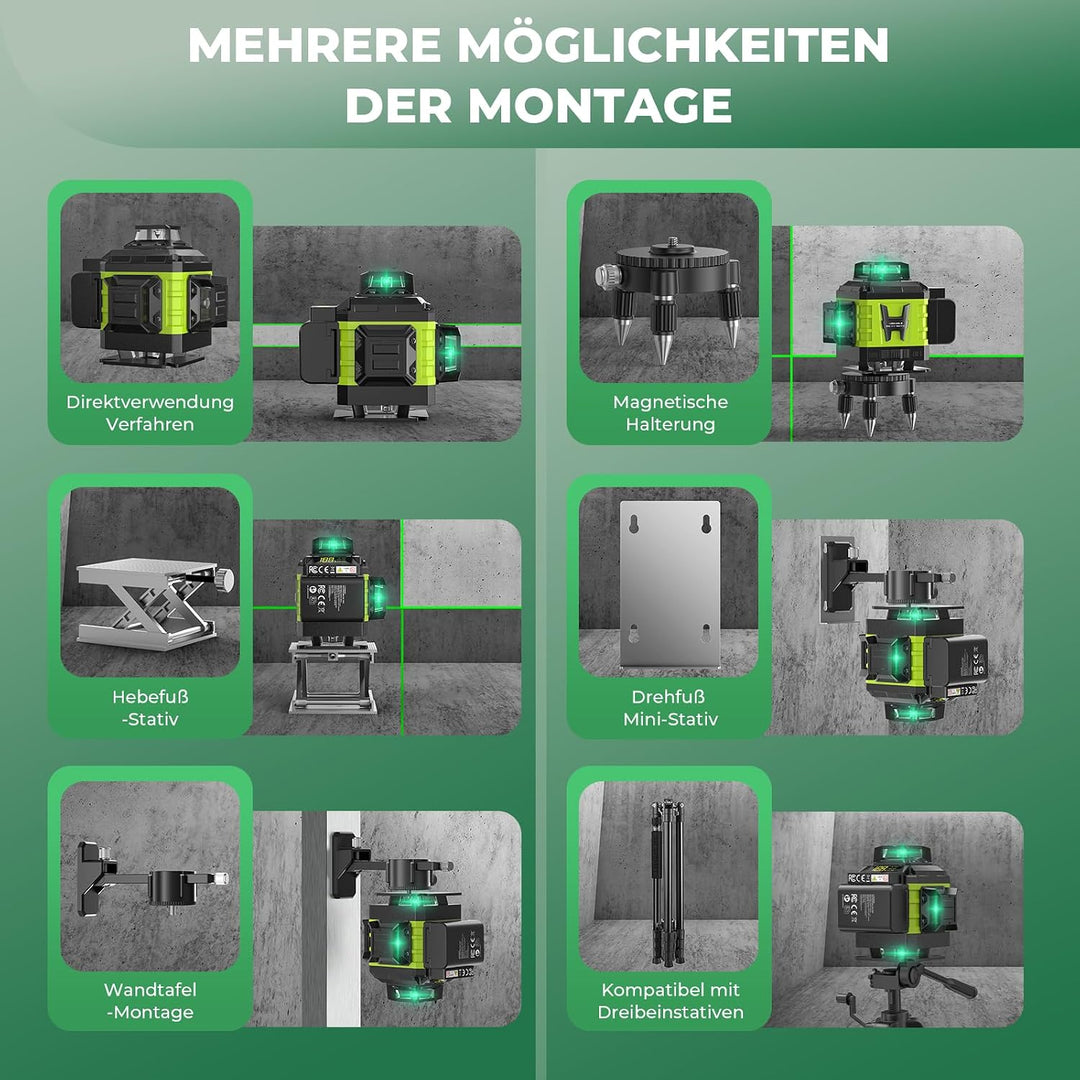 Kreuzlinienlaser Grün 16 Linien Nivellierlaser mit Stativ, 4 x 360 ° Laser wasserwaage, linienlaser