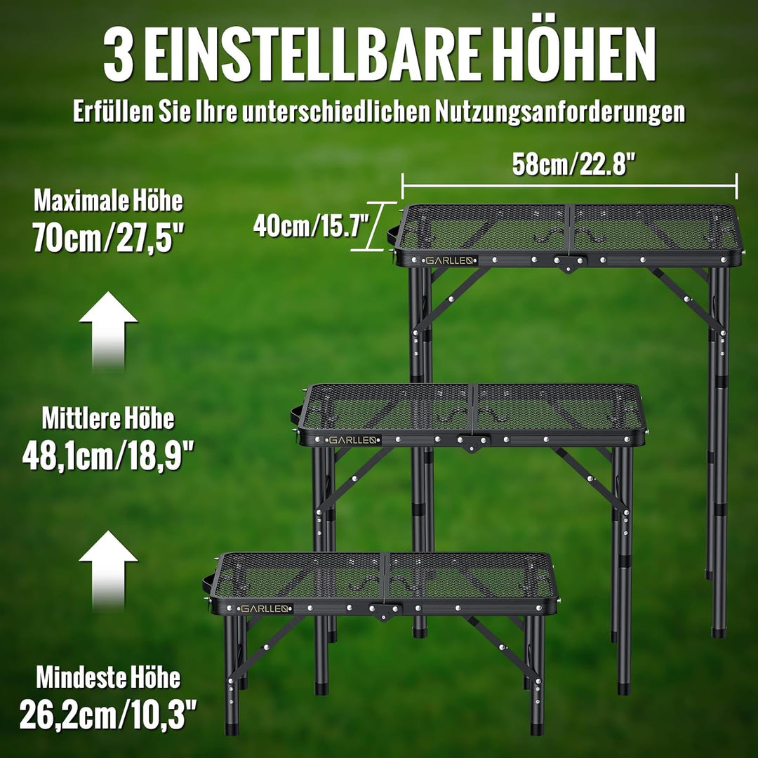 GARLLEN Grilltisch klappbar, 58x40cm & 3 Höhenverstellbar(26/48/70cm), Leicht und Tragbar, Klapptisc