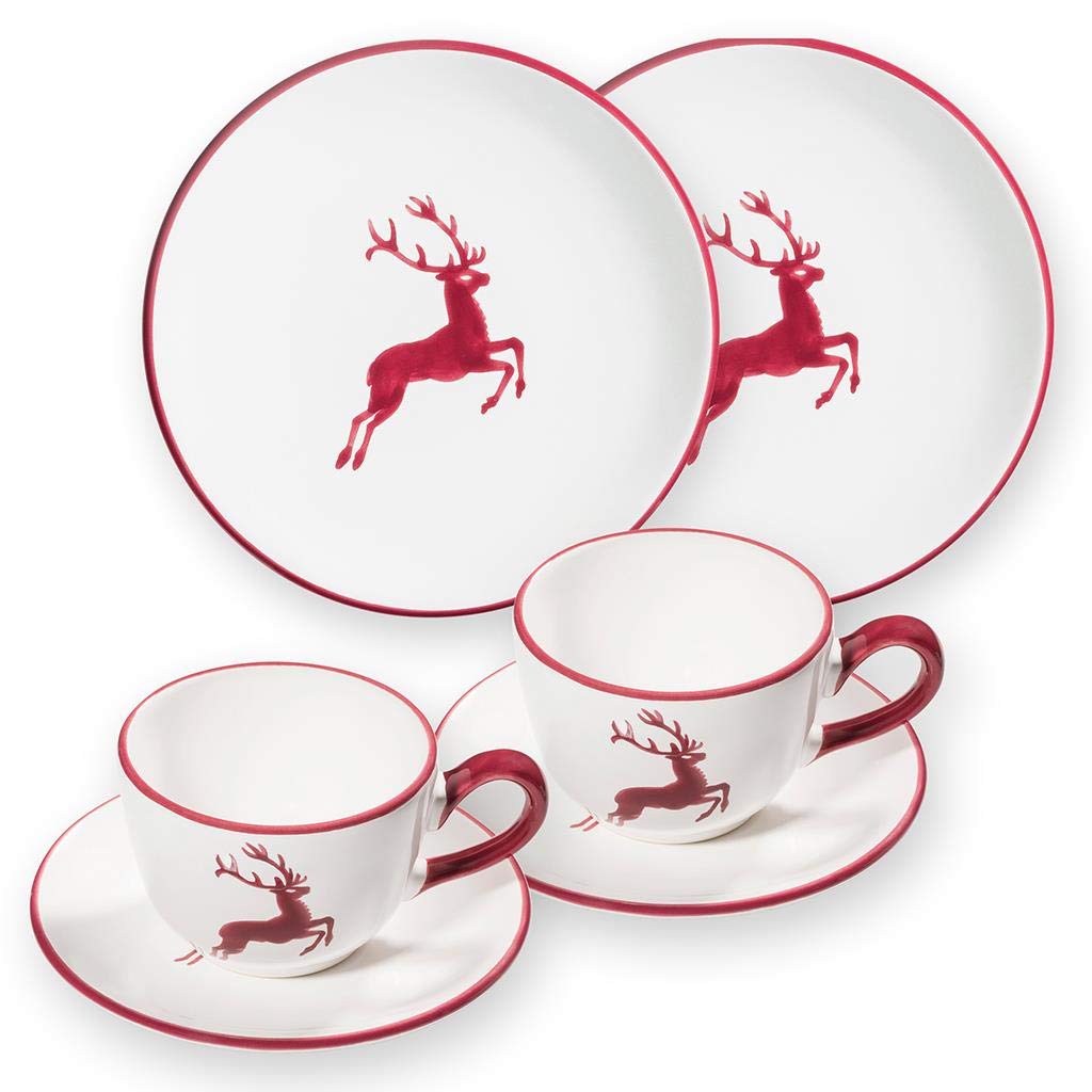 GMUNDNER KERAMIK Breakfast for two Classic Geschirrset bordeauxroter Hirsch Geschirr, handgemacht in