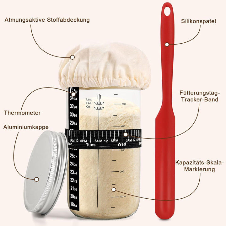 Sauerteig Starter Set, 11-teilig Gärkorb Brot, Gärkörbchen Rund 23cm, Komplettset Brot Backen Zubehö