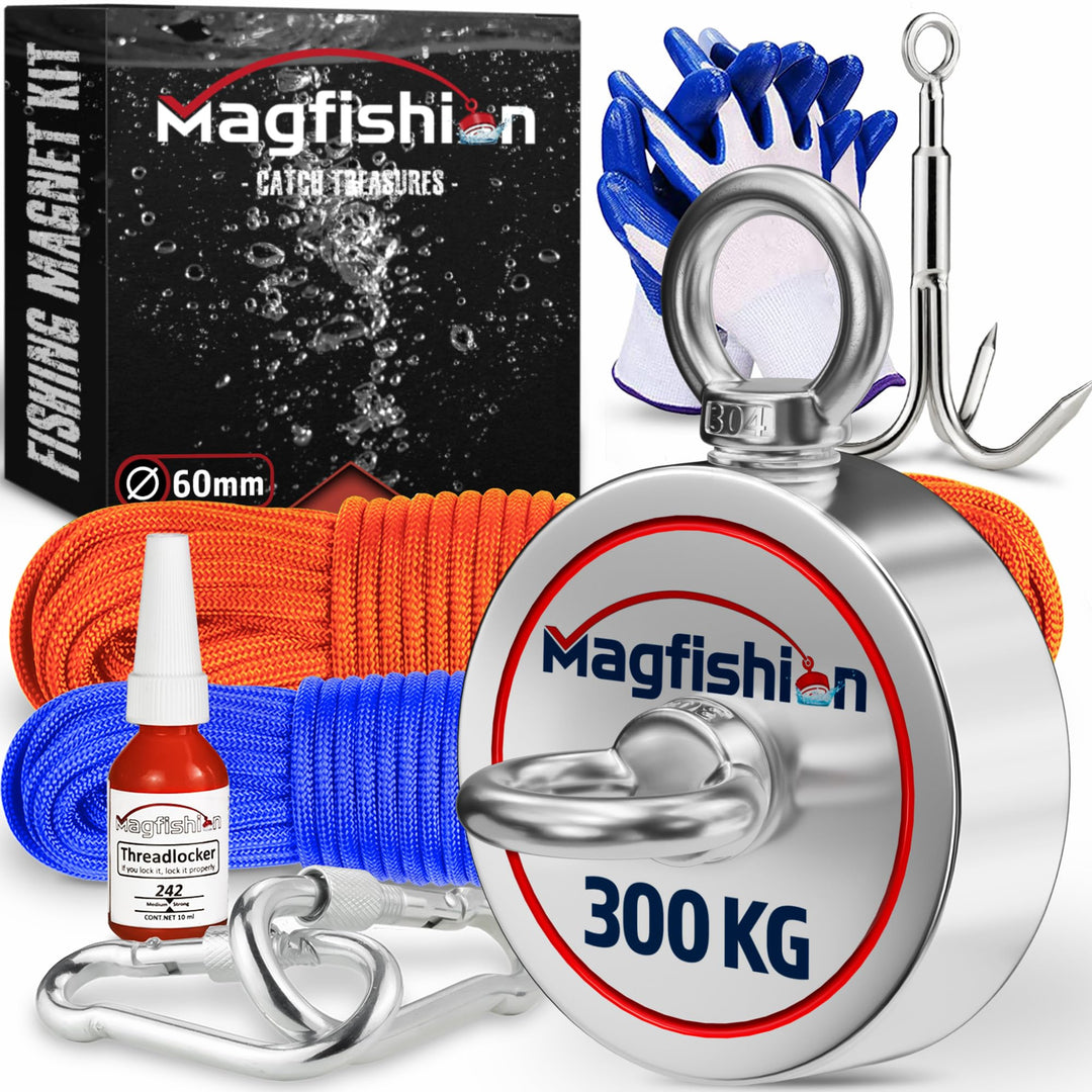 Magnetfischen Mega Set - 300 KG (2 x 150kg) - Ø60mm - Neodym Magnet mit 2 Seilen, Greifhaken & Hands