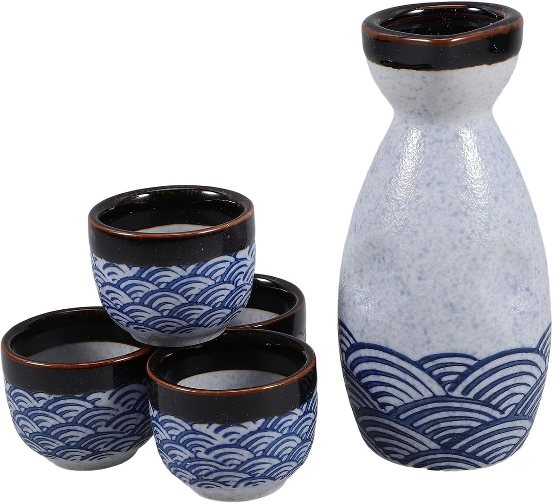 HEMOTON Keramik Sake Set Japanische Sake Flasche Und Vier Ochoko Tassen Glasiert Sea Ripple Sake für