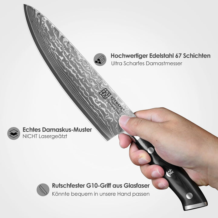 KEEMAKE Damastmesser Kochmesser 20cm, Küchenmesser Scharfes Messer aus 67 Schichten Damaststahl mit