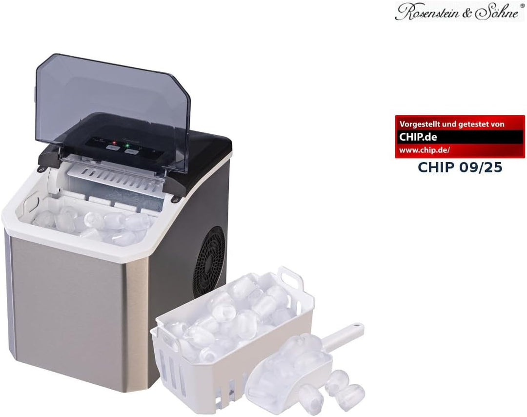 Rosenstein & Söhne Eiswürfelbereiter: Eiswürfelmaschine aus Edelstahl mit Selbstreinigung, 12 kg/Tag
