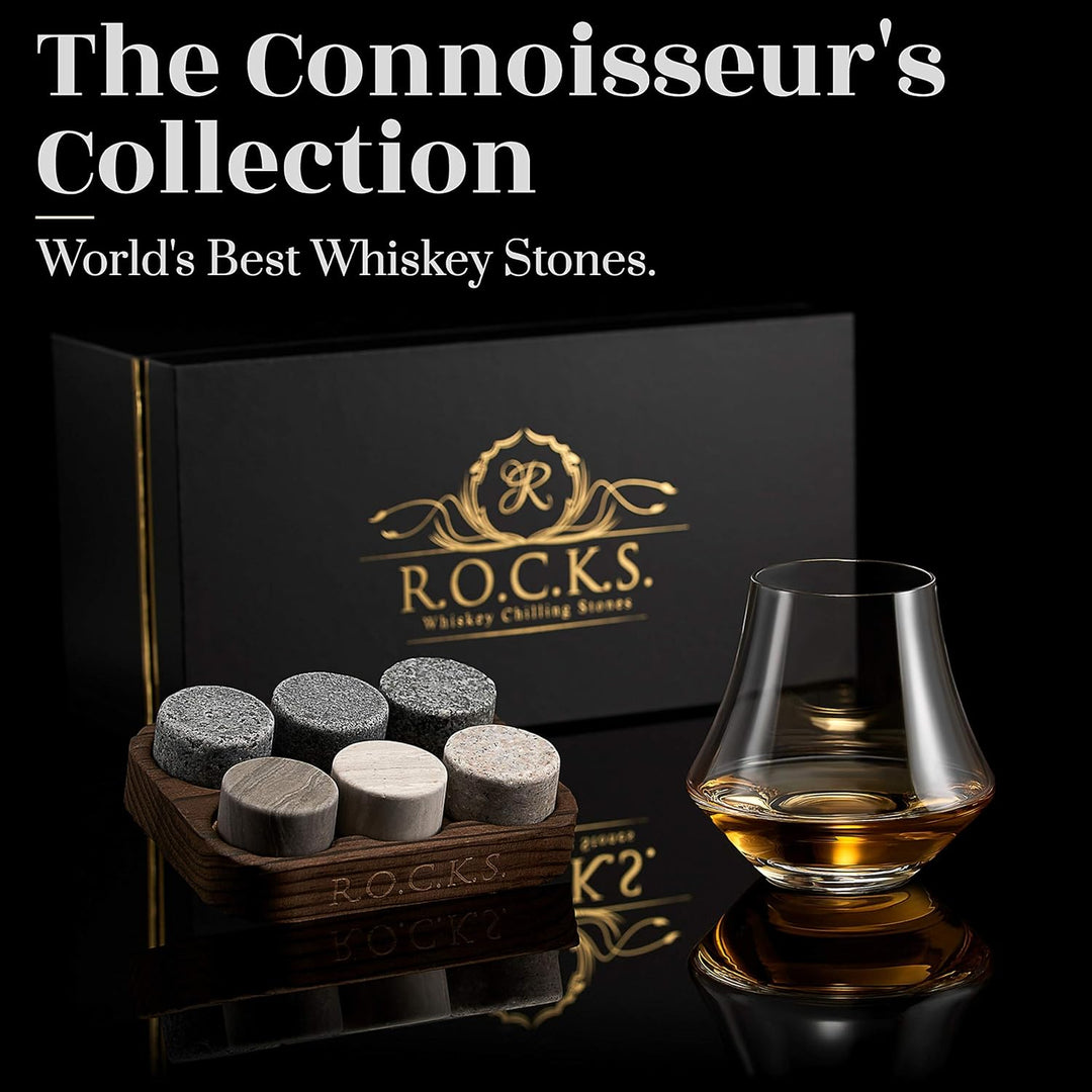 Whisky Glas &amp; Whiskey Steine Set - 6 Handgefertigte Runde Granit Whisky Steine - Nosing Glas für Sco