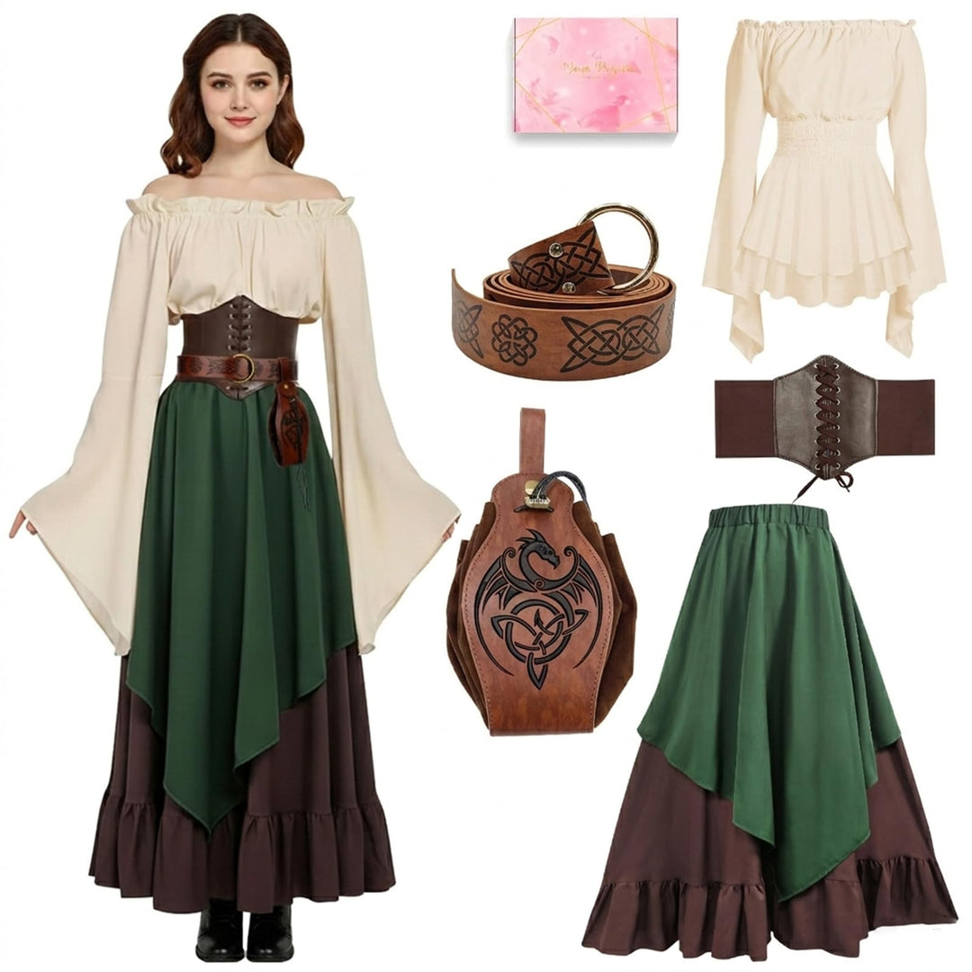 Mittelalter Kleidung Damen Set, Renaissance Kostüm und Retro Off Shoulder Bluse mit Corsett, Gürtelt