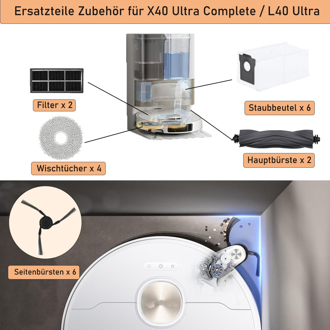 Zubehörset für dreame X40 Ultra Complete / L40 Ultra, Saprdii 6 Staubbeutel, 4 Wischtücher, 2 Rollbü