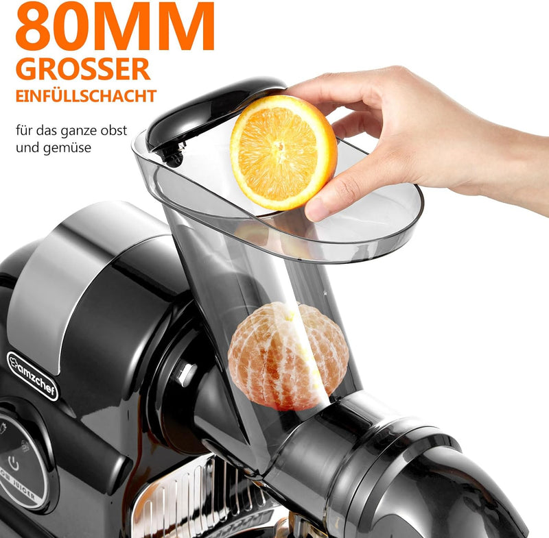 AMZCHEF Entsafter mit 80MM Grosser Einfüllschacht - 150W Entsafter Slow Juicer mit 2 Geschwindigkeit