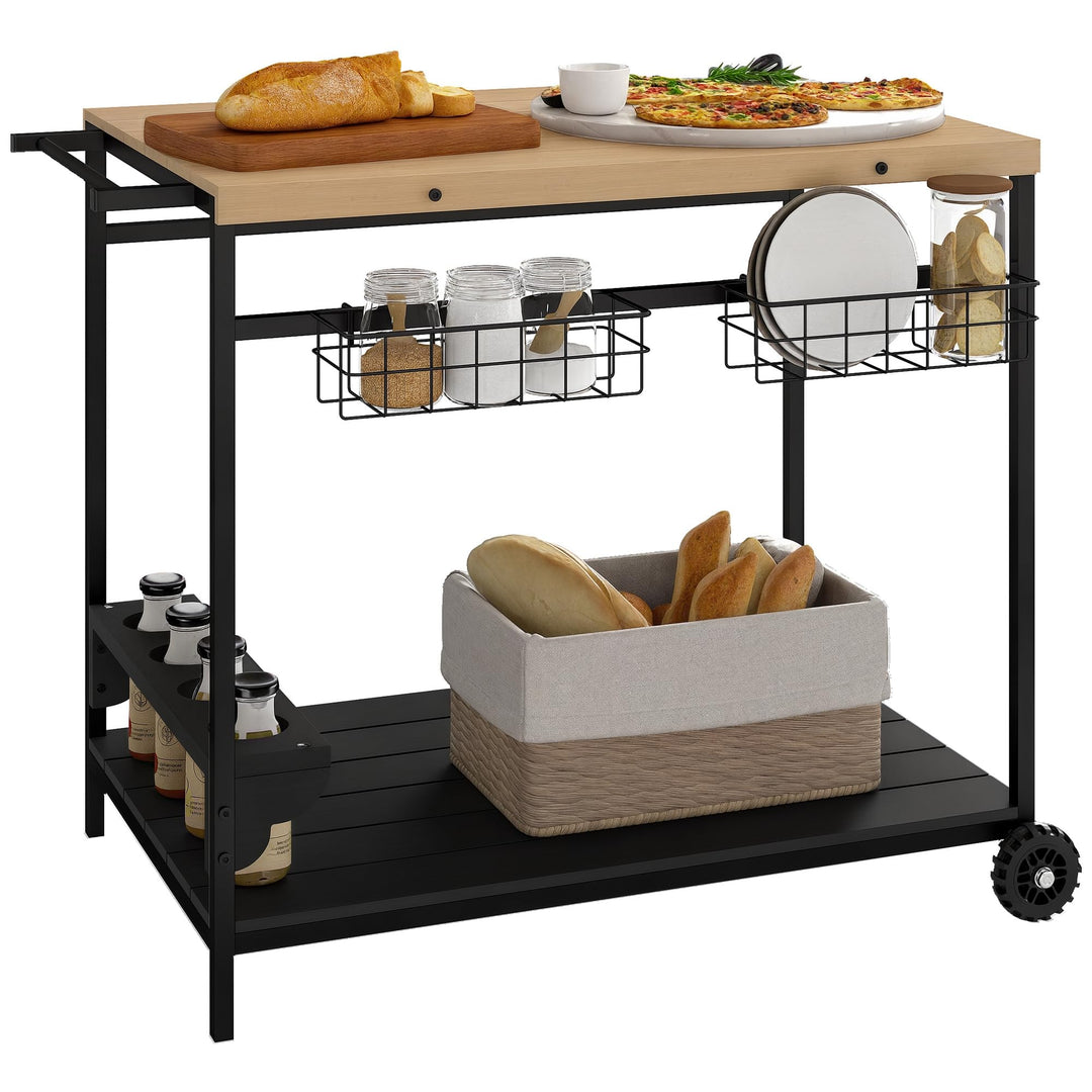 Outsunny Servierwagen, Gartenrollwagen mit 2 Ebenen, Barbecue Trolley mit Aufbewahrungskorb, Outdoor