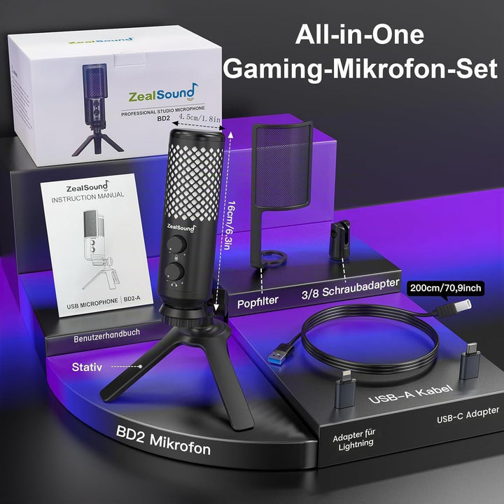 zealsound Gaming Mikrofon PC Handy - Vollmetall-Konstruktion USB Microphone mit Stummschalttaste, fü