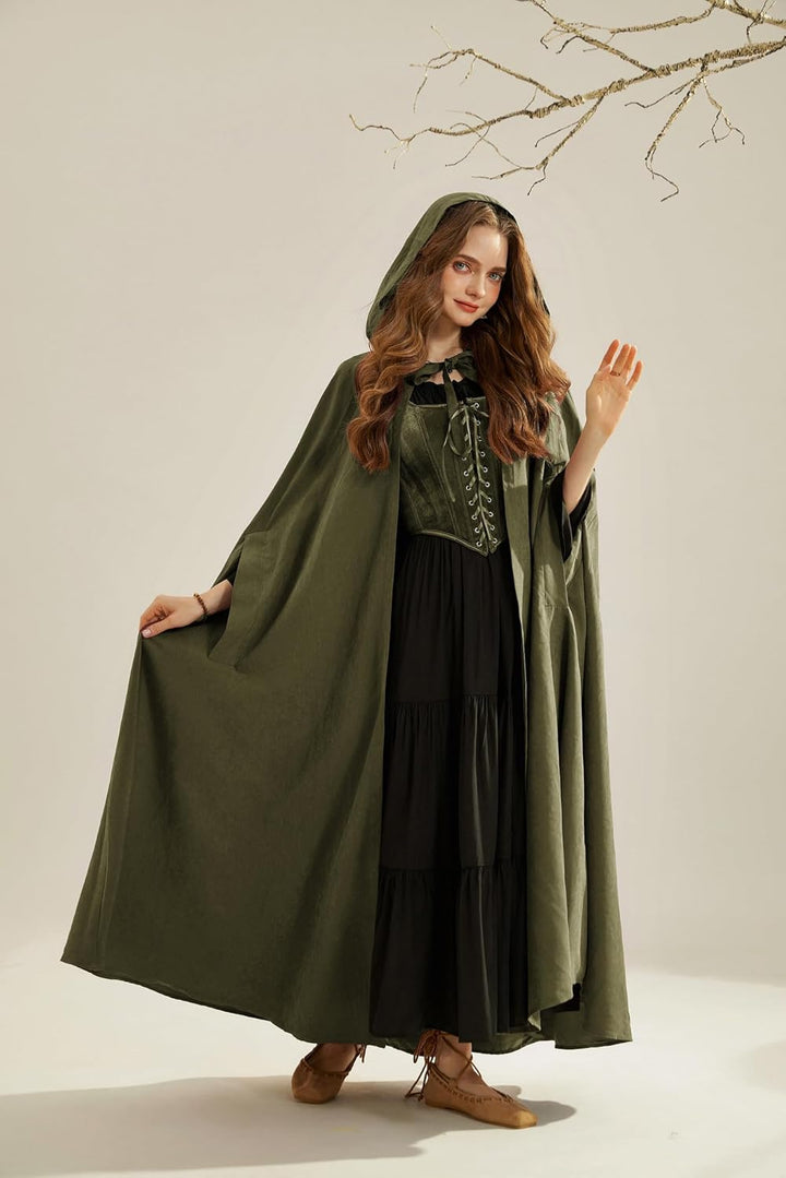 SCARLET DARKNESS Damen Mittelalter Umhang mit Kapuze Unisex Maxi Umhang Hexe Cosplay Cape Olivgrün,
