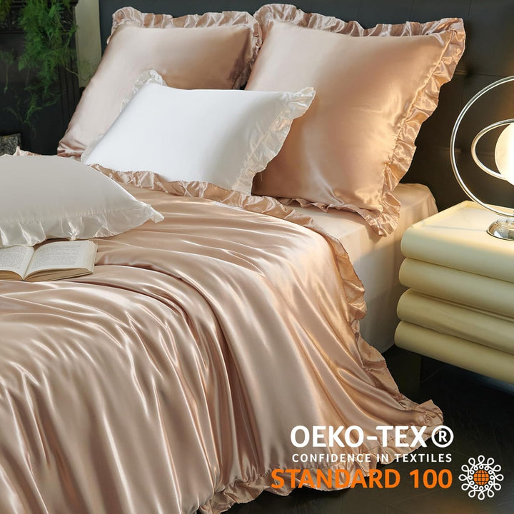 Freyamy Bettwäsche 220x240 Glatt Luxus Seide Bettwäsche Set Khaki Champagne Einfarbig Rüschen Romant