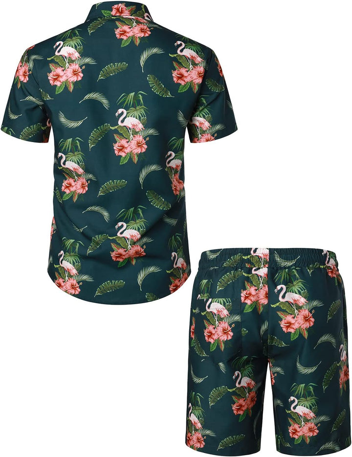 JOGAL Herren Hawaii Hemd Männer Flamingo Kurzarmhemd und Kurze Hose Set Strand Outfit Sommerhemd Für