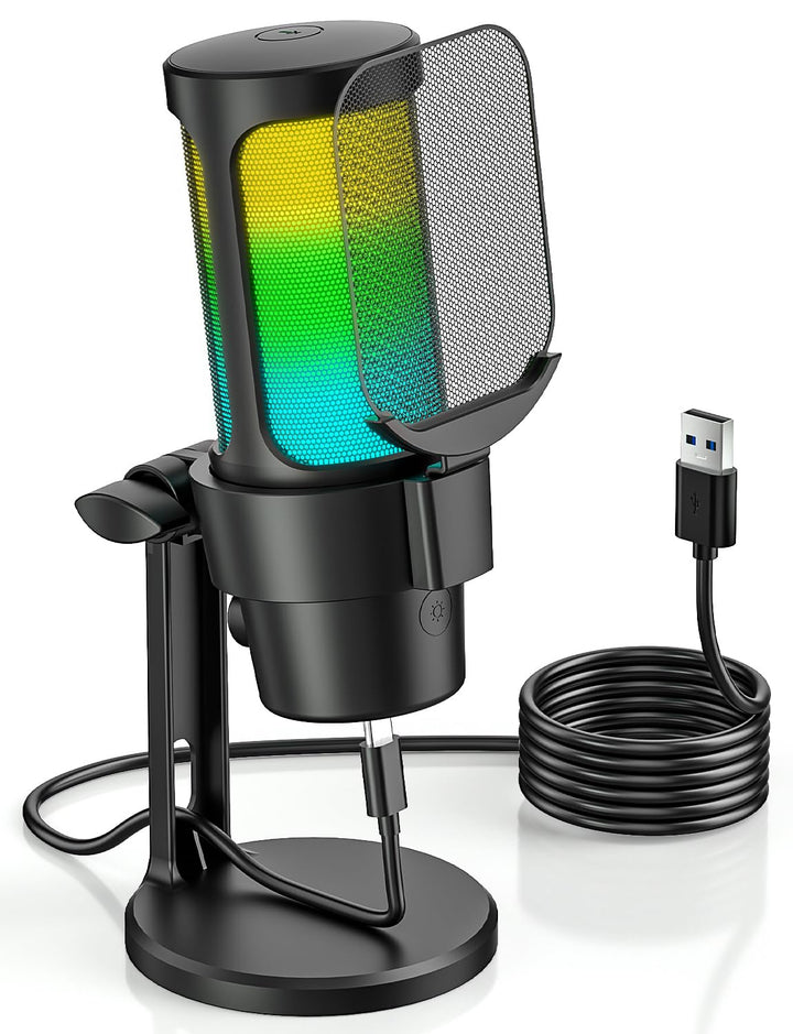 USB Gaming Mikrofon mit Ständer Plug & Play PC Mikrofon mit Mute-Taste, RGB-Beleuchtung, Pop-Filter