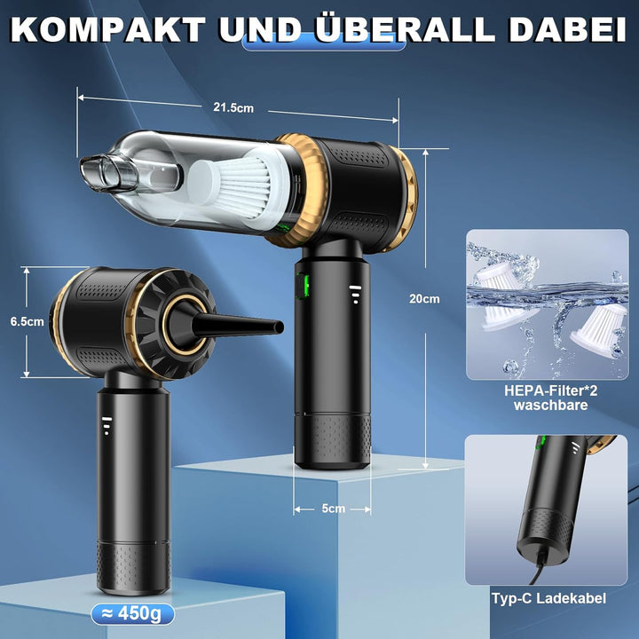 Handstaubsauger Akku 4-in-1, 25000PA Auto Staubsauger Stark, 3-Gang Handstaubsauger kabellos mit Bür