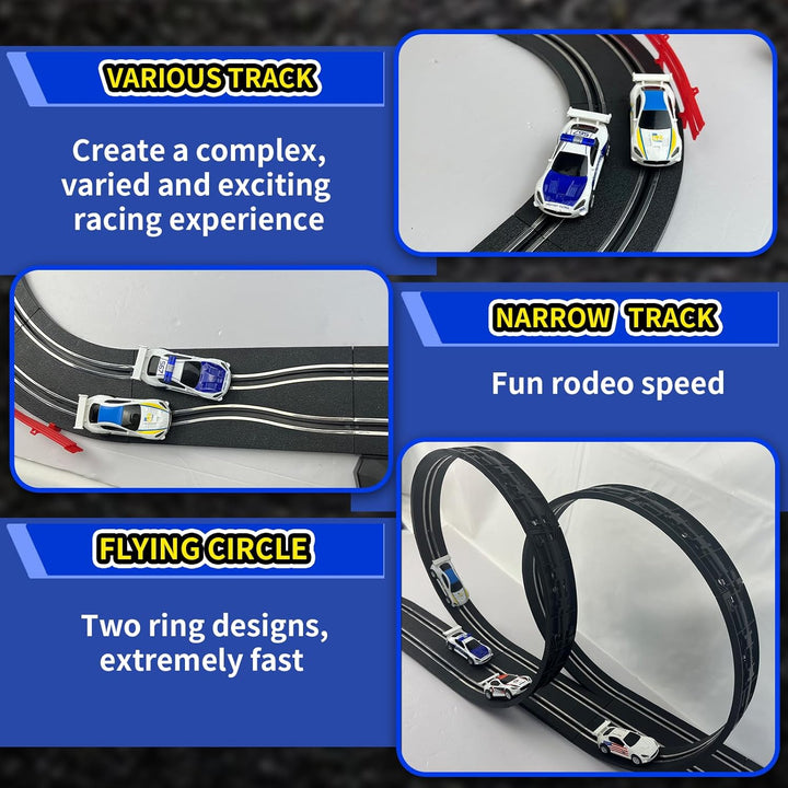 AGM MASTECH Slotcar-Rennbahn-Sets mit 4 exquisiten Slotcars, Batterie- oder Elektroautobahn, 2 Contr