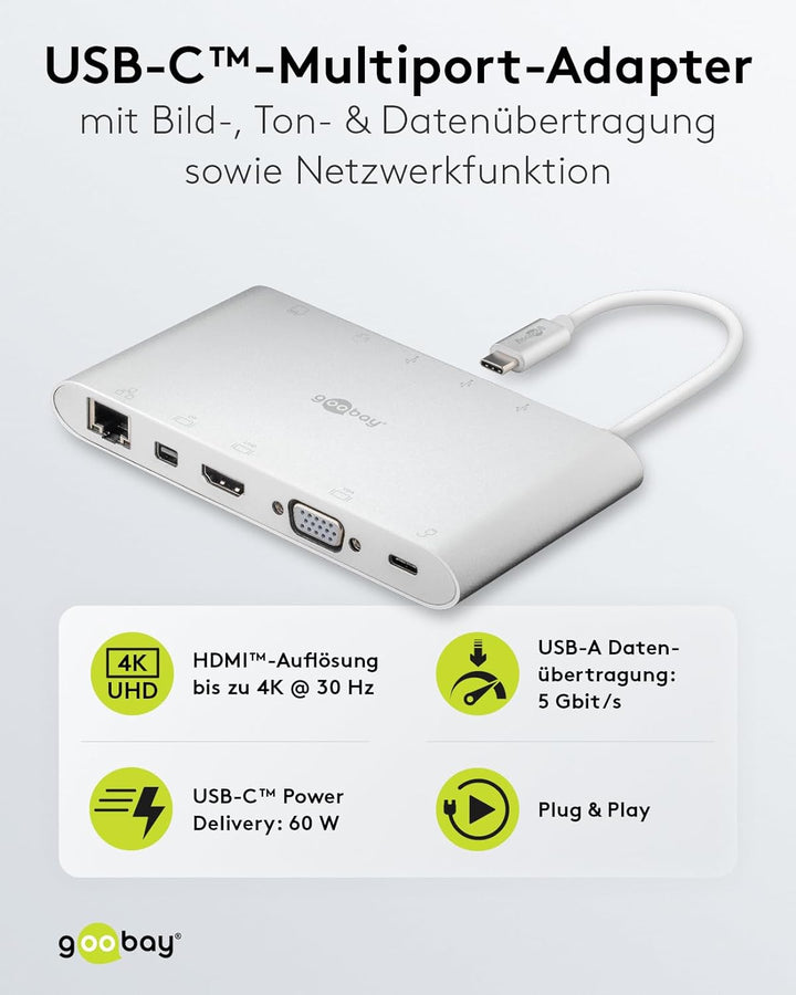 Goobay 62113 USB C Hub Multiport Verteiler 11 Ports HDMI / VGA / Mini DP / USB C PD / 3x USB 3.0 / R