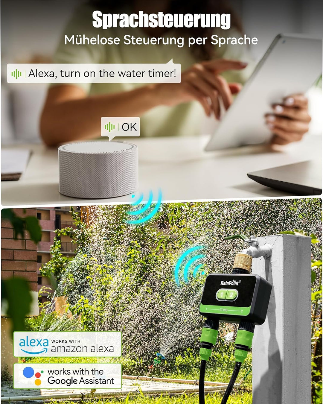 RAINPOINT Bewässerungscomputer WLAN 2 Ausgänge, Messingeinlass, Automatische Garten Bewässerungsuhr