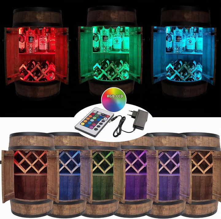 Fassbar mit Tür und Weinhalter RGB-LED-Beleuchtung - Weinregal. Hausbar Weinrack 80 cm. Rustikaler d