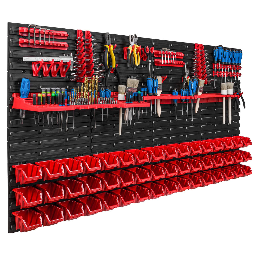 Lagersystem Werkstattregal | 156 x 78 cm | 48 stck. Box | Wandregal mit Werkzeughalterungen und Stap