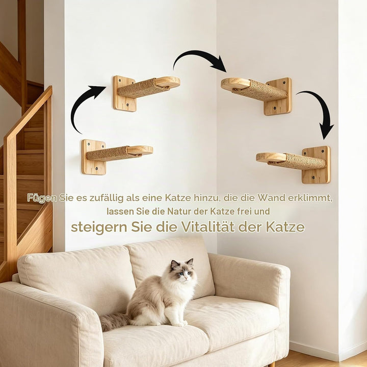 Katzentreppe Wand 4pcs, Kletterwand Katzen,Wandliege Kletterwand Katzen mit Juteseil zum Kratzen, fü