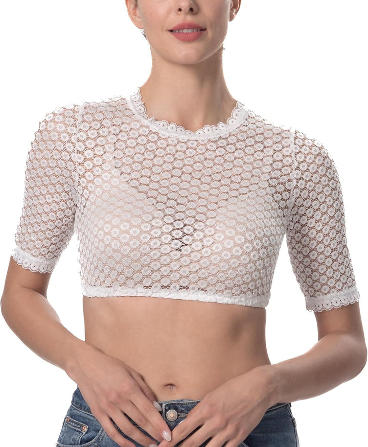 Dirndlparty Dirndlbluse Damen Schlicht, Kurzarm Dirndl Bluse Creme Spitze Trachtenbluse Oktoberfest