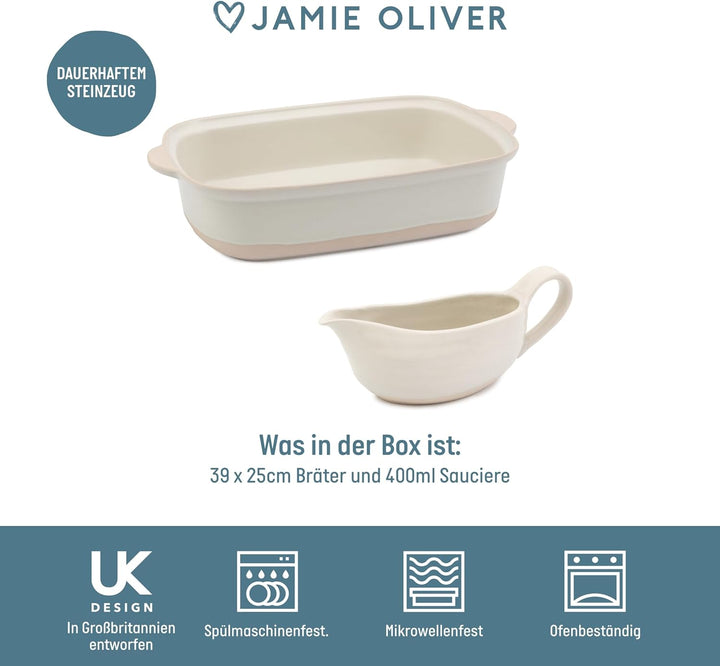 Jamie Oliver Big Love Epic Bräter-Set, Steingutbräter, Seitengriffe, 39 x 25 x 8 cm, weisse Steingut