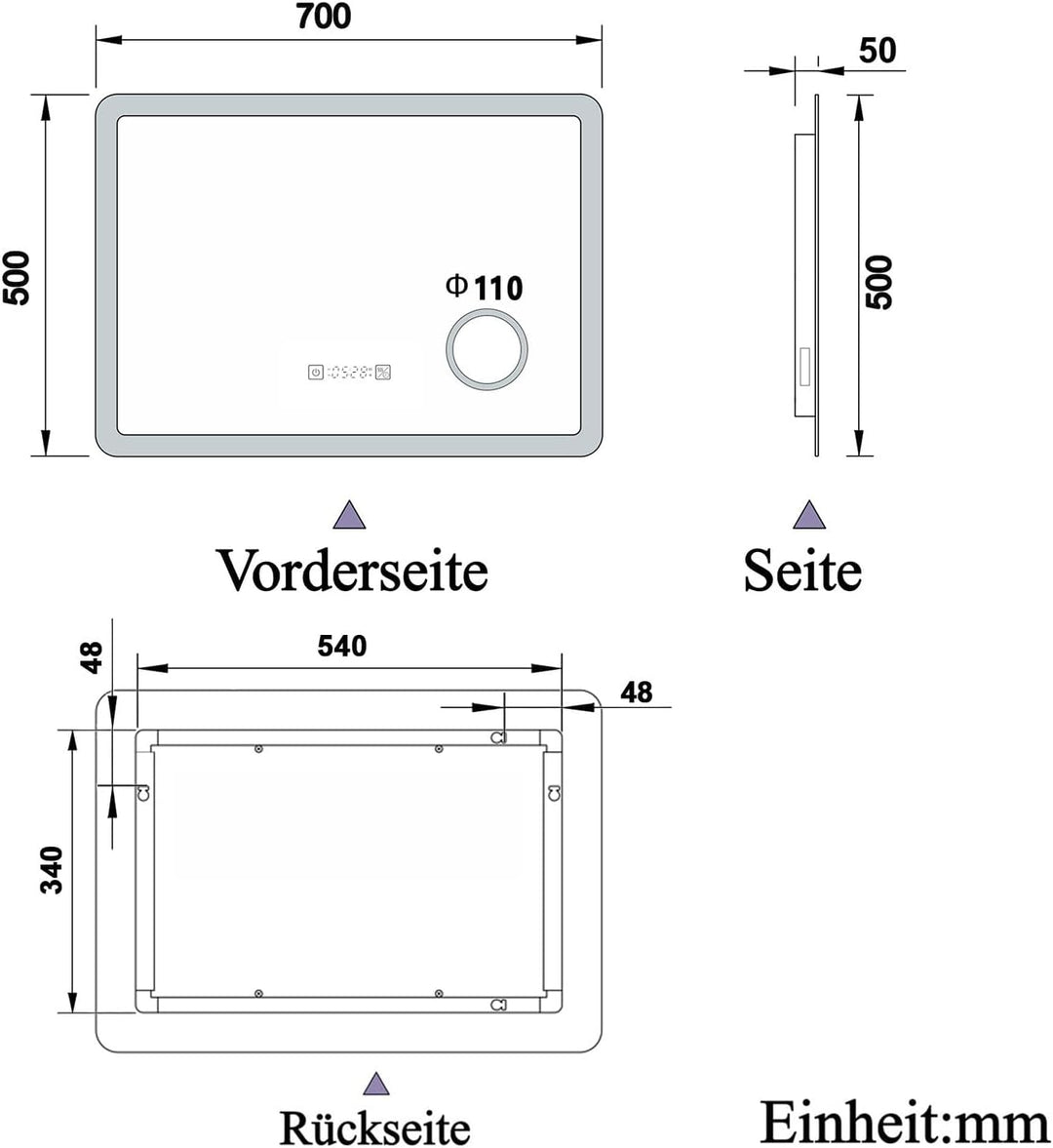 Aica Sanitär LED Badspiegel 70x50cm Uhr Steckdose Schminkspiegel 3 Lichtfarbe Wandspiegel mit dimmba