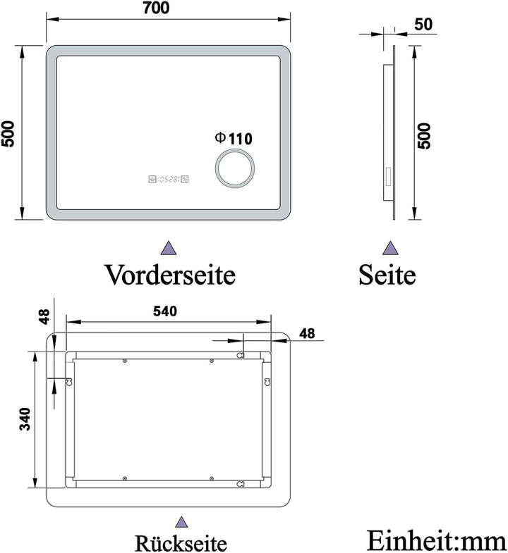 Aica Sanitär LED Badspiegel 70x50cm Uhr Steckdose Schminkspiegel 3 Lichtfarbe Wandspiegel mit dimmba
