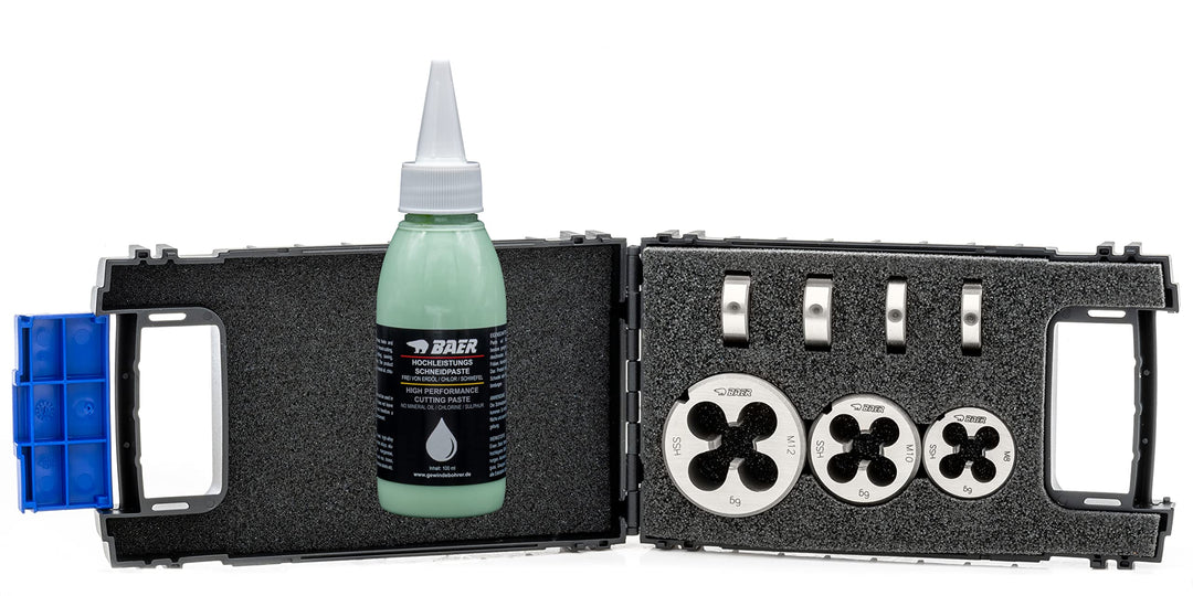 BAER Schneideisen Set M3 - M12 inklusive Bohrpaste | Gewindeschneider Set | Aussengewindeschneider |