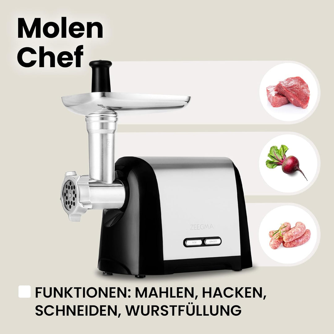 ZEEGMA Molen Chef Elektrischer Fleischwolf, 1900 W mit 3 Schleifplatten aus Edelstahl, 3 kg/min, Wur