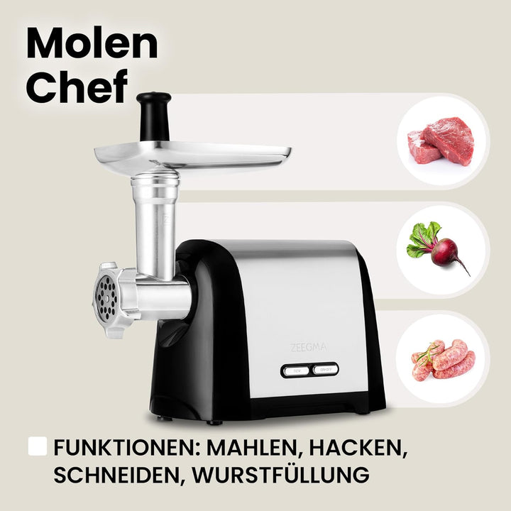 ZEEGMA Molen Chef Elektrischer Fleischwolf, 1900 W mit 3 Schleifplatten aus Edelstahl, 3 kg/min, Wur
