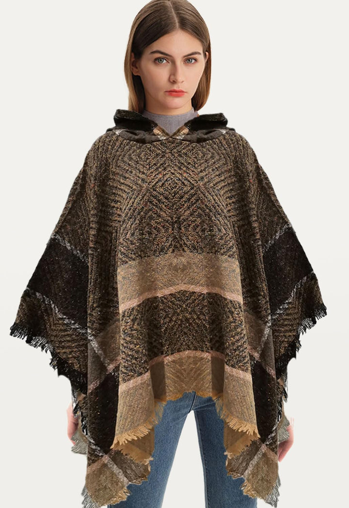 JFAN Poncho Damen mit Kapuze Warm Pullover Gestrickter Schal Elegantes Strickcape Strick Ponchos Cap