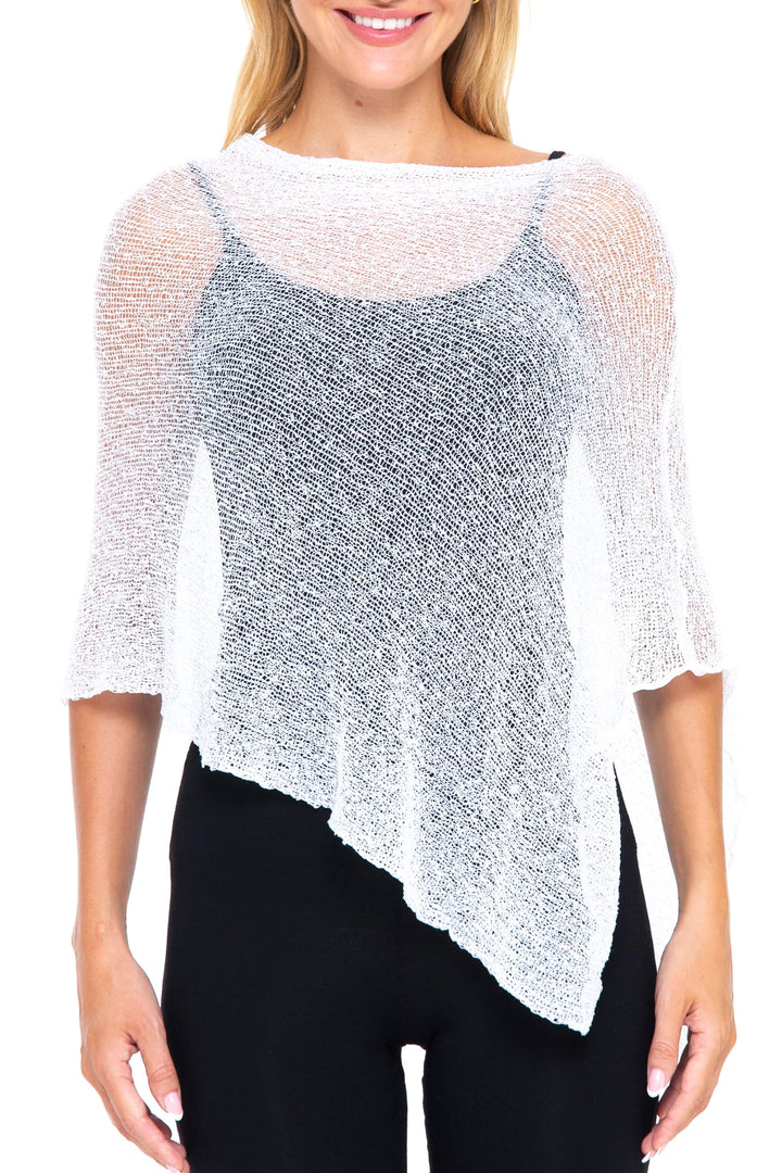 SHU-SHI - Damen Poncho-Top - transparent - leichtes Strickmaterial Weiss, Weiss