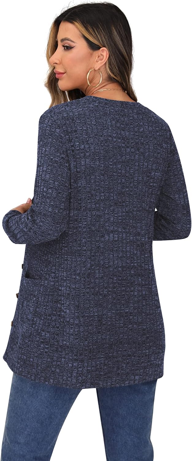 GRECERELLE Damen Leichte Strickjacke Lang mit Taschen und Knöpfen Long Elegant Cardigan V-Ausschnitt