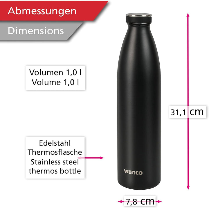 wenco Trinkflasche Edelstahl 1l / 1000ml isoliert und auslaufsicher für kalte und heisse Getränke au