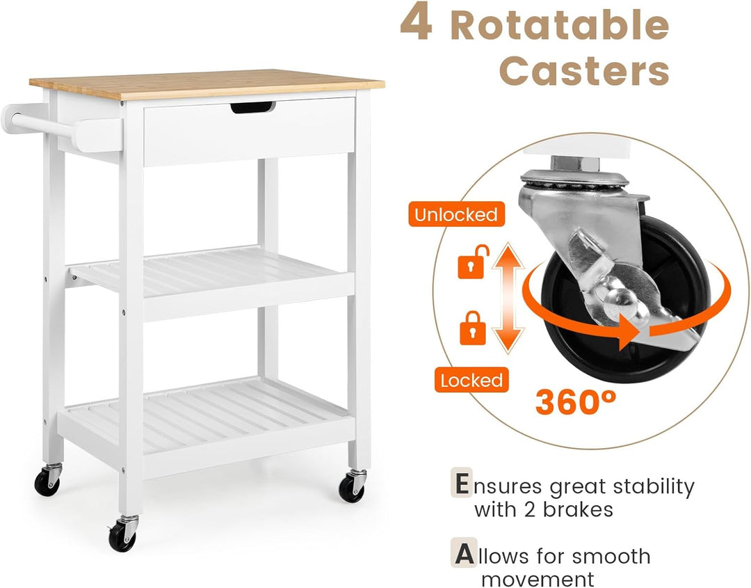 KOMFOTTEU Küchenwagen Kücheninsel aus Bambus & Holz, Servierwagen auf Rollen 66x40x85cm, Küchentroll