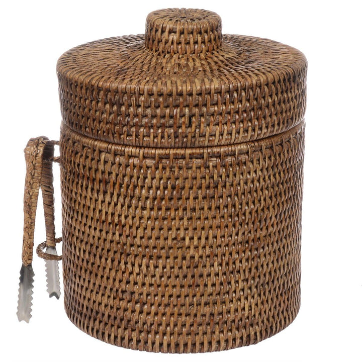 Eiskübel/Eiseimer mit Deckel und Zange, aus Kunststoff &amp; geflochtenem Rattan, Ø 20 x H 25 cm / 2,5 L