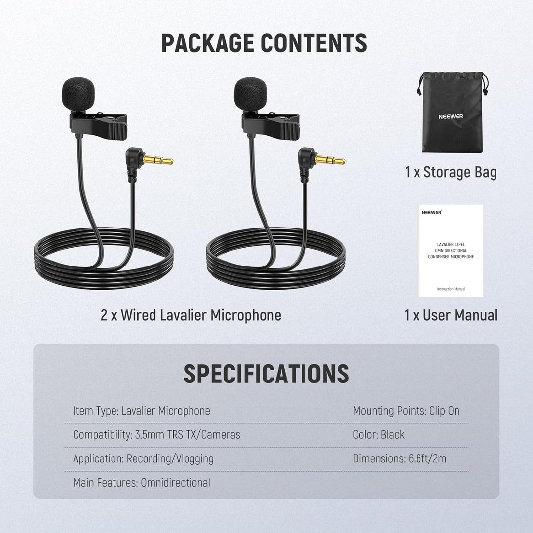 NEEWER Mini Lavalier Mic, 2er Pack, 2m Clip On kabelgebundenes Kondensator Ansteckmikrofon mit 3,5mm