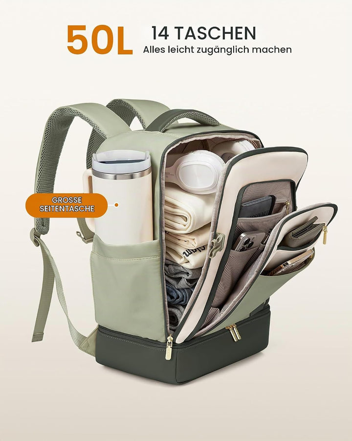 LOVEVOOK Handgepäck Reiserucksack mit separatem Schuhfach, 50L Rucksack Damen Gross mit Nass- und Tr