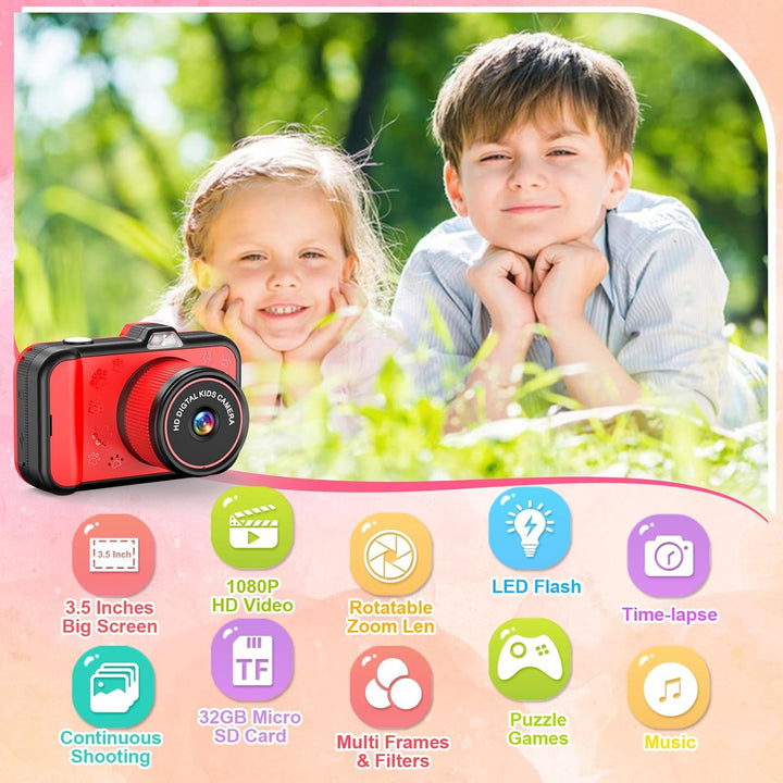 Ushining Kinderkamera, 3,5" Grossbildschirm Kinder Kamera mit 360° Drehbares Zoomobjektiv LED-Blitz