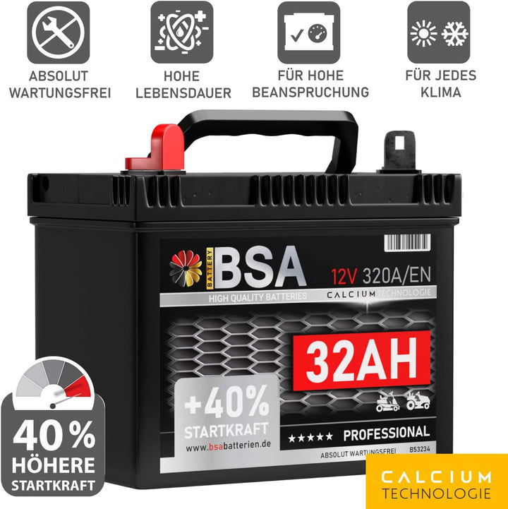 Rasentraktor Aufsitzmäher Batterie 32Ah 12V Starterbatterie absolut WARTUNGSFREI Plus Pol links 30Ah