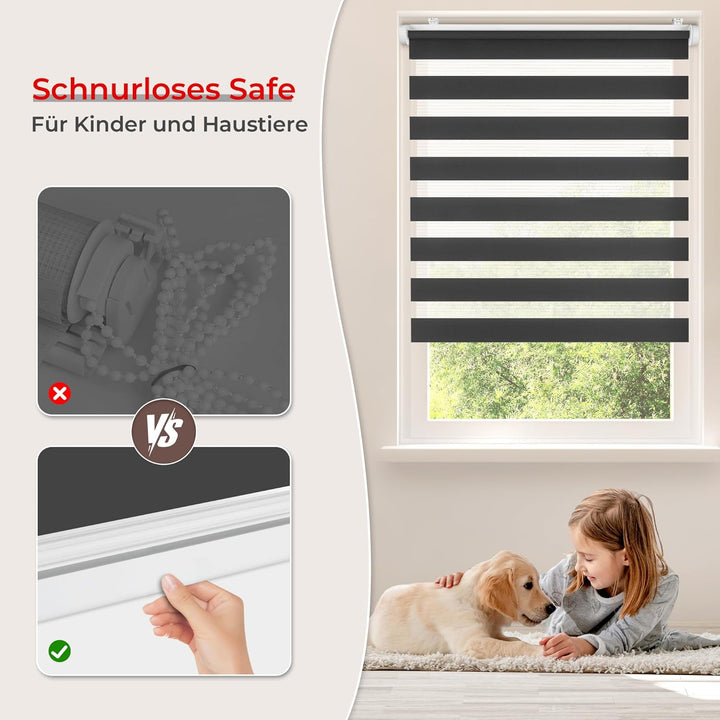 Allesin Doppelrollo schnurlos Klemmfix ohne Bohren Duo Rollos für Fenster & Tür, 90x120cm (BxH) Anth