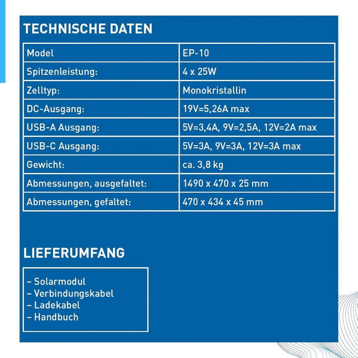 Solarpanel 100W faltbar - KLARBEIT EP-10 | Monokristallines Solarpanel Camping | Solarpanel USB Port