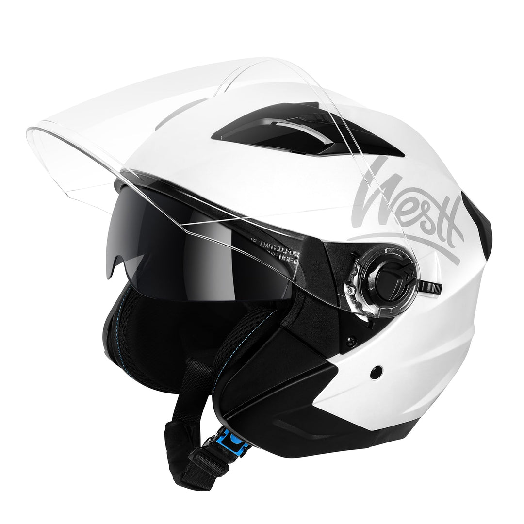 Westt Jethelm mit Visier und Sonnenblende Motorradhelm Herren Damen Rollerhelm Mopedhelm Mofa Choppe