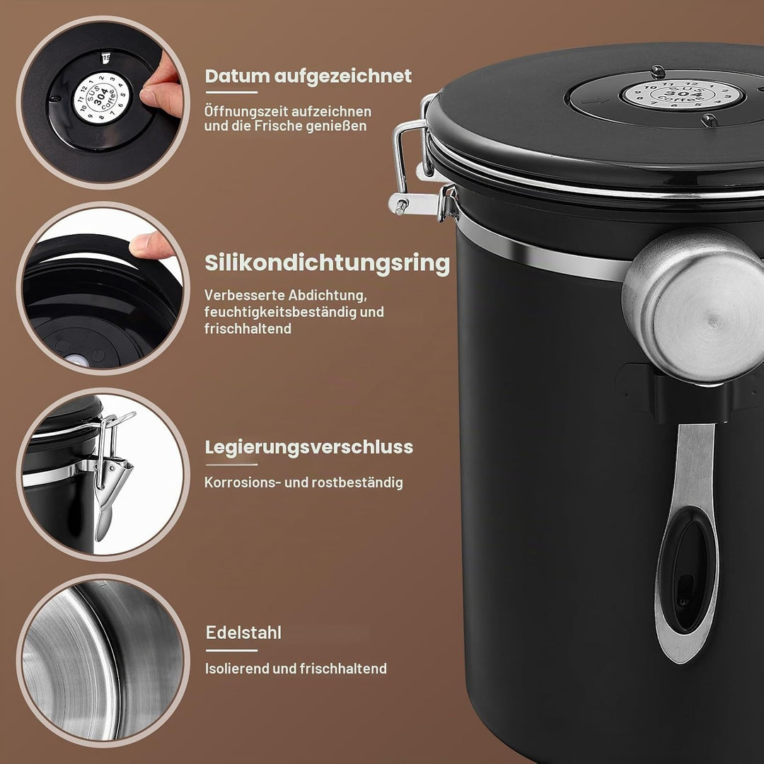 Kaffeedose Edelstahl, 2,8 L Kaffeebohnen Behälter aus Edelstahl, Luftdicht Vorratsdose mit Deckel, E