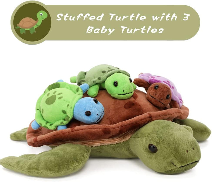 MorisMos 32cm Plüsch Kuscheltier Schildkröte mit 3 Baby im Panzer, 4 Stücke Süss Kuschelig Schildkrö