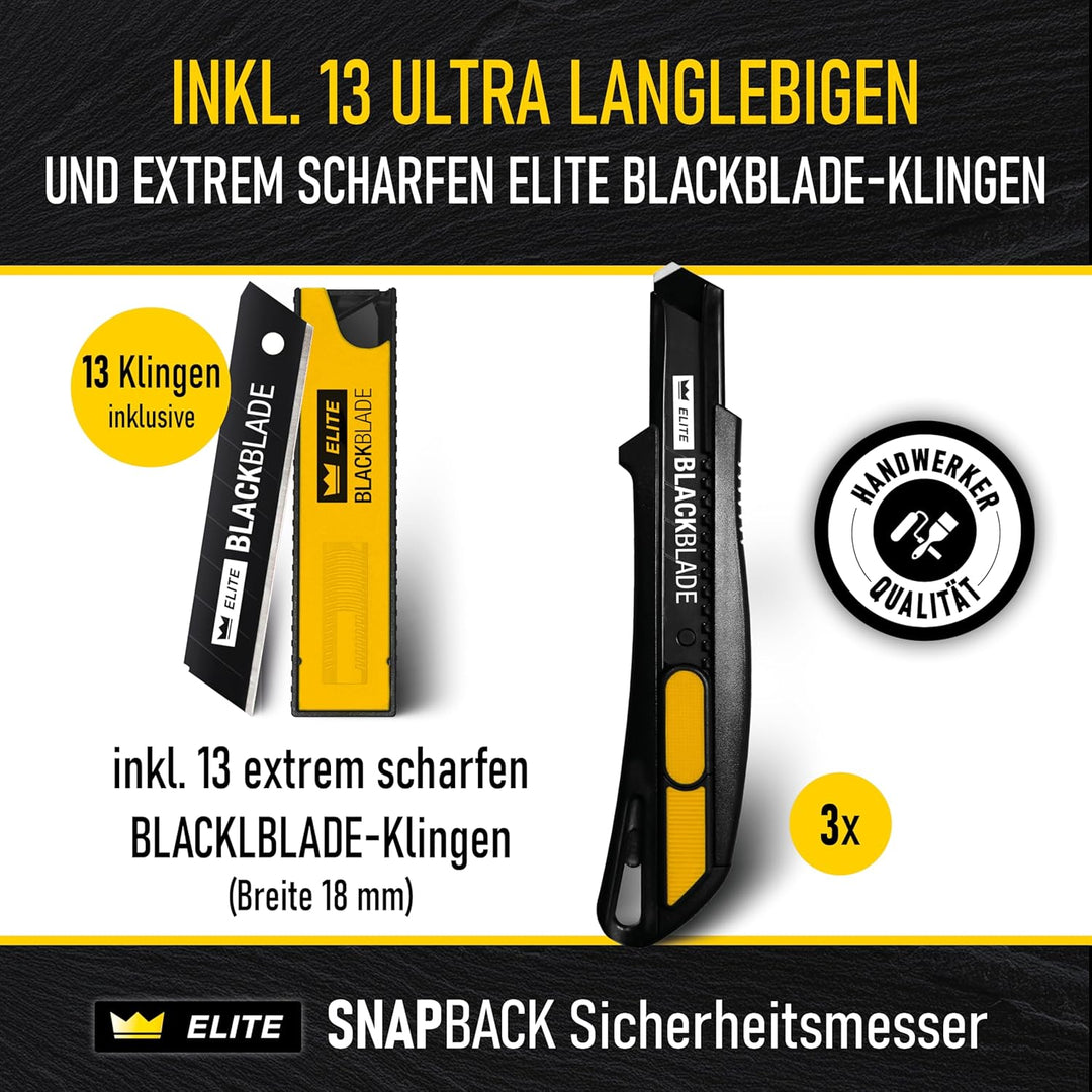 3x ELITE SNAPBACK Sicherheitsmesser Set inkl. 13x Ersatzklingen – Extrem langlebiges Universal-Cutte